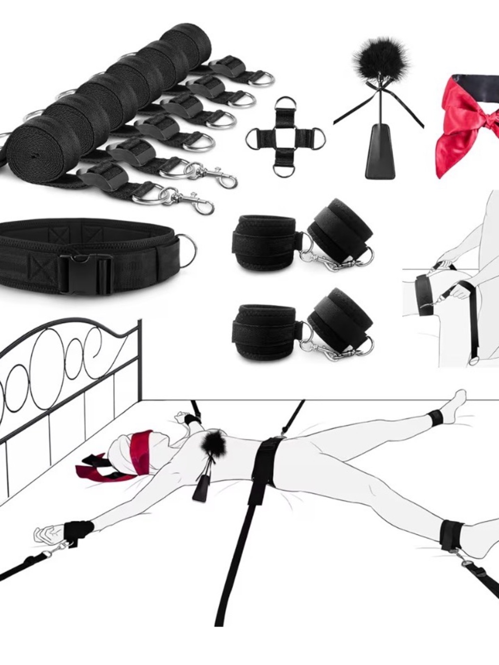 Adjustable Black Bondage Restraint Bed Harness Set